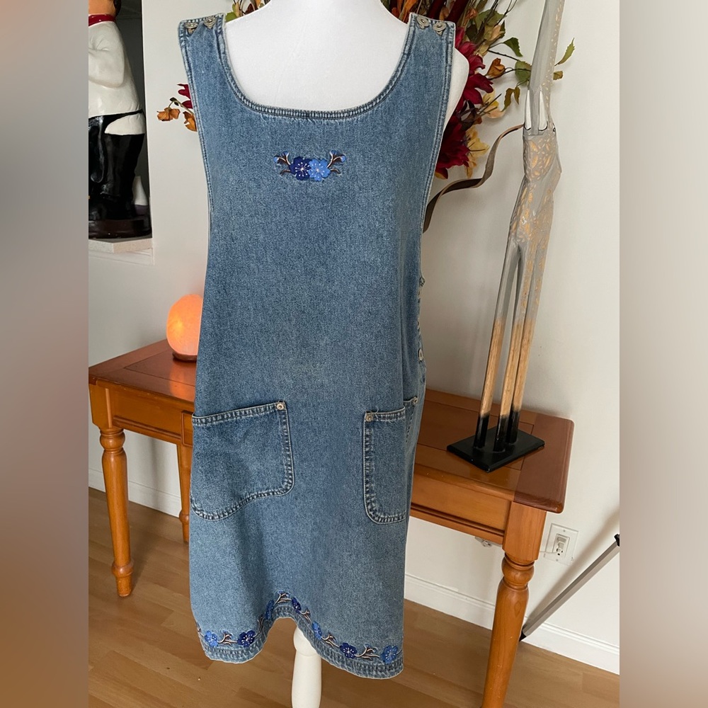 Denim Jumper Dress with Floral Embroidery